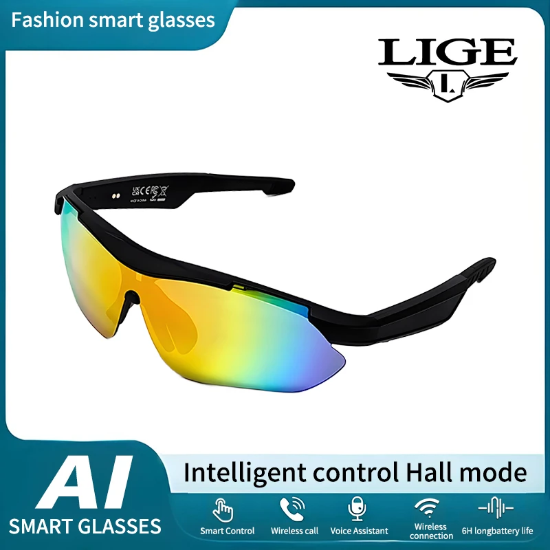 

LIGE New Cycling Bluetooth Smart Glasses Audio AI Voice Assistant UV400 Protection Life Waterproof Sunglasses for Biking Running