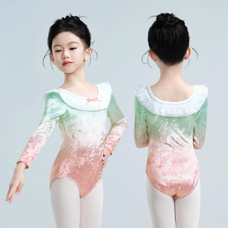 Kinder Ballett Trikot Langarm Farbverlauf Samt Gymnastik Tanz Tragen Mädchen Leistung Kostüm für Herbst Winter