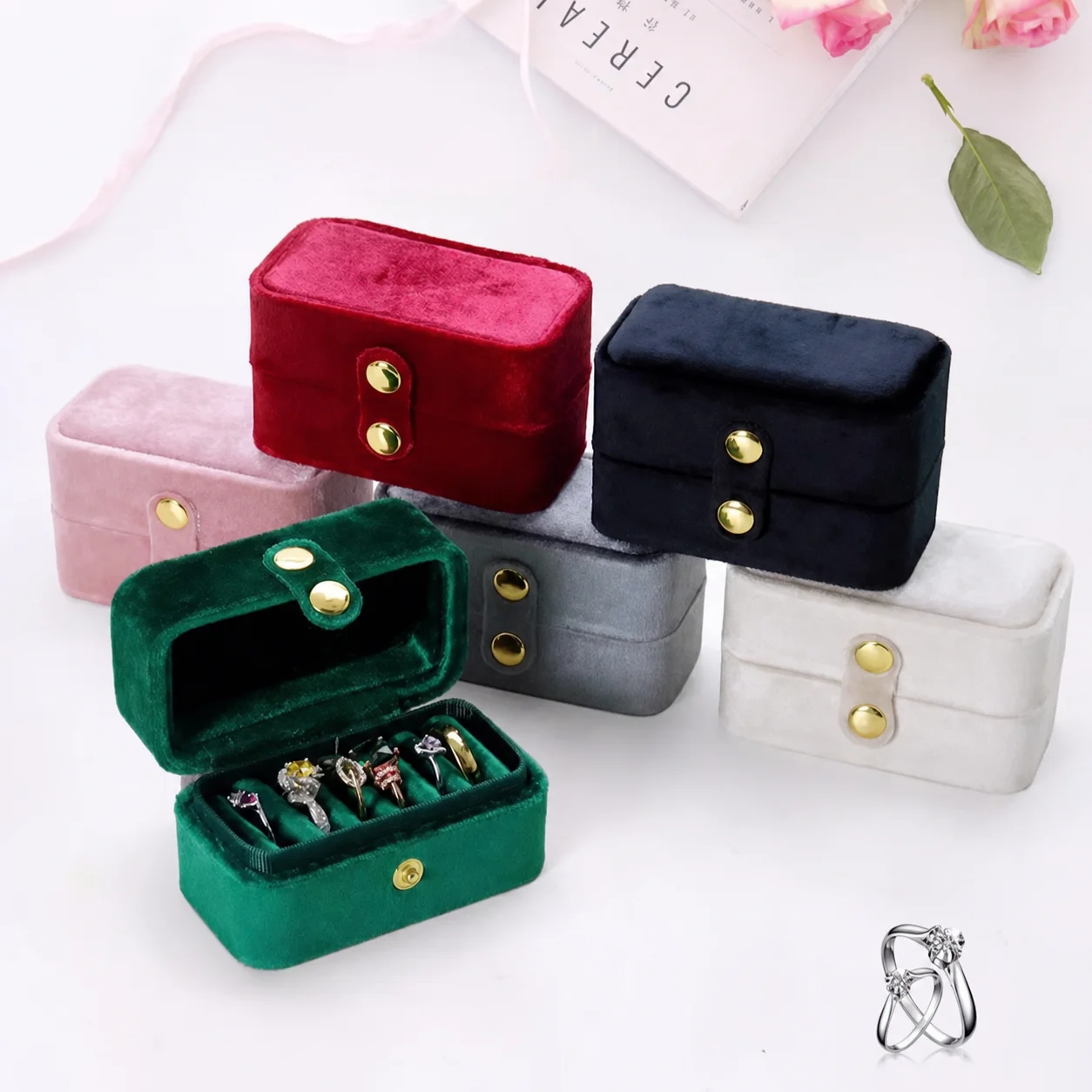 Multi-Slot Velvet Ring Jewelry Box Travel Portable Compact Jewelry Rings Earrings Jewelry Organizer With Divided Compartments