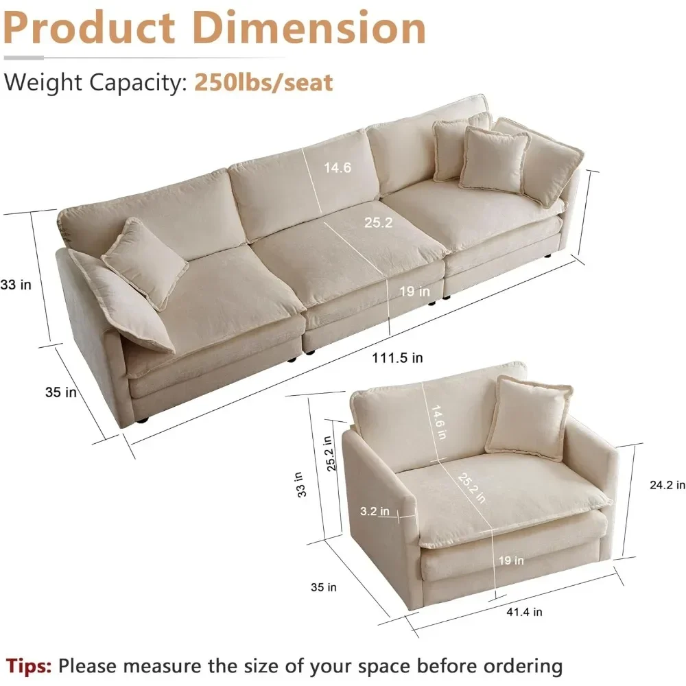 Luxury 3 Piece Sofa Set, 2 Pieces of Single Sofa and 1 Piece of 3 Seater Sofa, Modern Chenille Comfy Cloud Couches Set