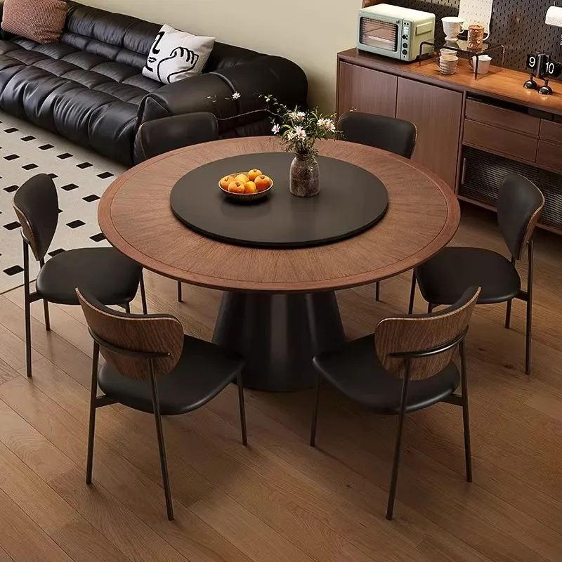 French Retro Solid Wood Sintered Stone Dining Table Set Household Living Room With Turntable Circular Antique Style Dining Table