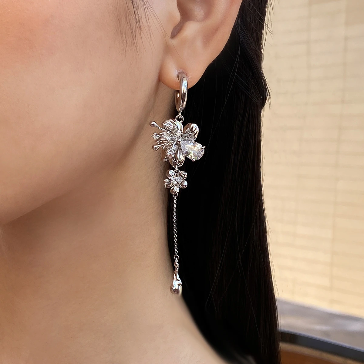 Silver Color CZ Earrings For Women Waterdrop Cubic Zirconia Long Chain Tassel Flower Shape Cute Girls Dangle Earrings Jewelry