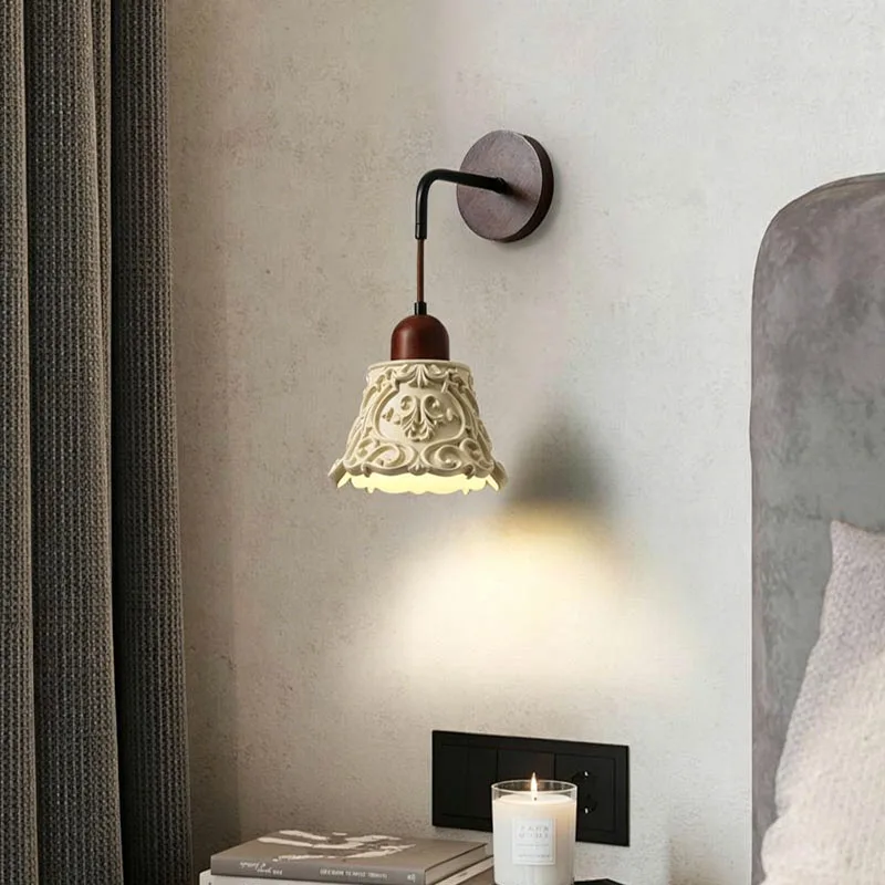 Wooden style wall lamp, modern bedroom headboard living room corridor household lamp environmentally friendly resin indoor light
