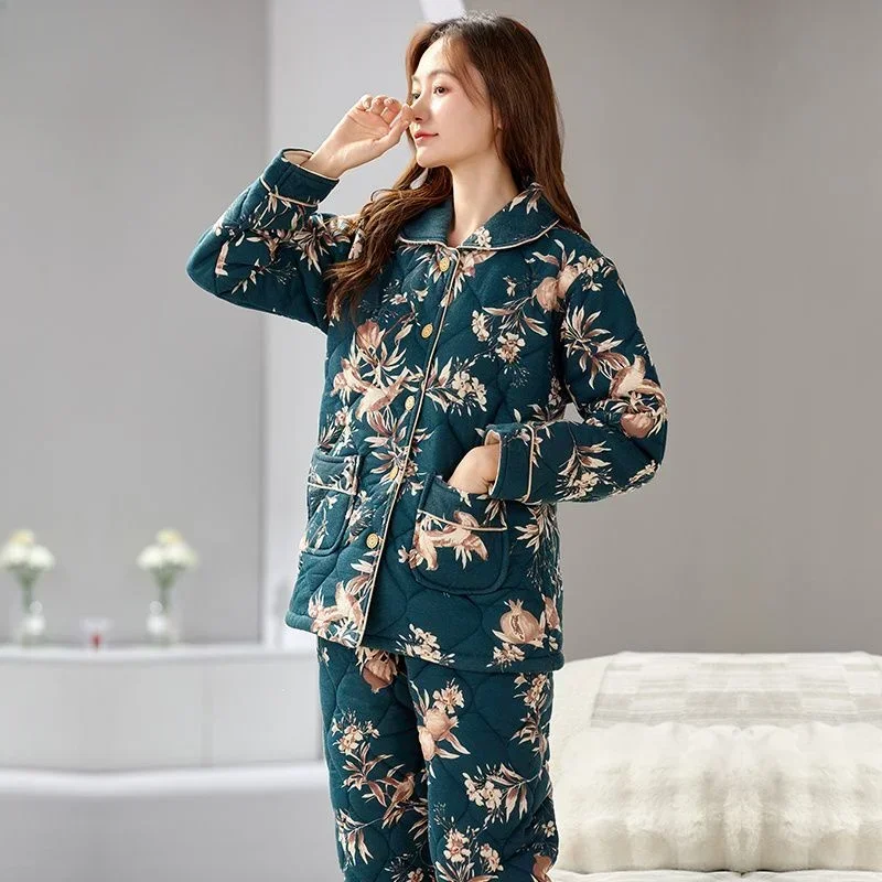 Autumn Winter Women's Pajamas Pure Cotton Padded Thickened Three-layer Cotton Plus Large Size Winter Mother Loungewear Set