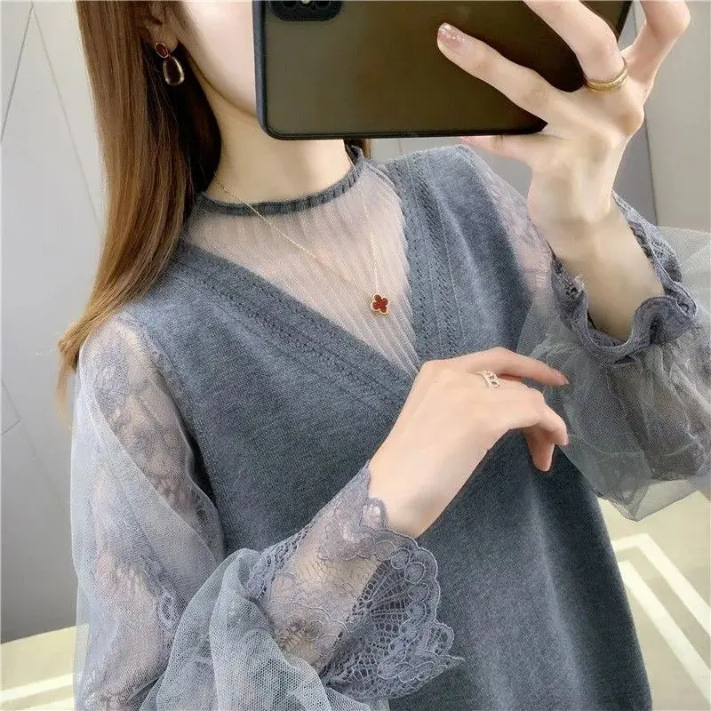 

Fashion Gauze Lace Fake Two Pieces Princess Sleeve Blouses Female Clothing 2023.Autumn New Loose All-match Tops Sweet Shirts