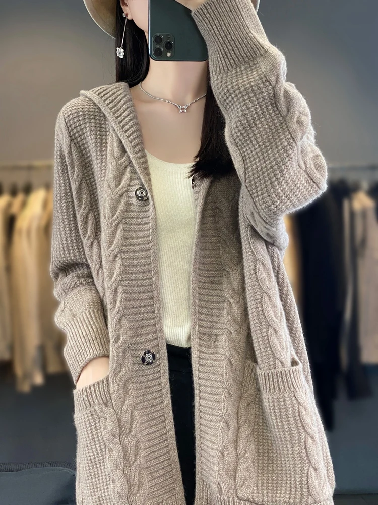 Autumn Winter Women Thick Hoodie Cardigan Cashmere Sweater Jacket Casual Loose  Blazer-style 100% Merino Wool Knitwear Coat Top