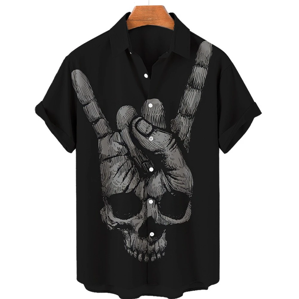 Vintage Samurai Black Skull Printed Shirt Men Fashion Streetwear Hip-hop Short Sleeve Tops Button Shirt Clothes
