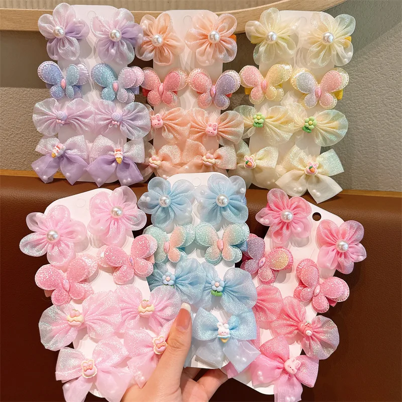 8-teiliges Set Mädchen Süße Pailletten-Schleifen-Blumen-Haarspangen Kinder-Haarklammern Spitzen-Netz-Haarspange Süße Niedliche Prinzessinnen-Haarspangen Haaraccessoires