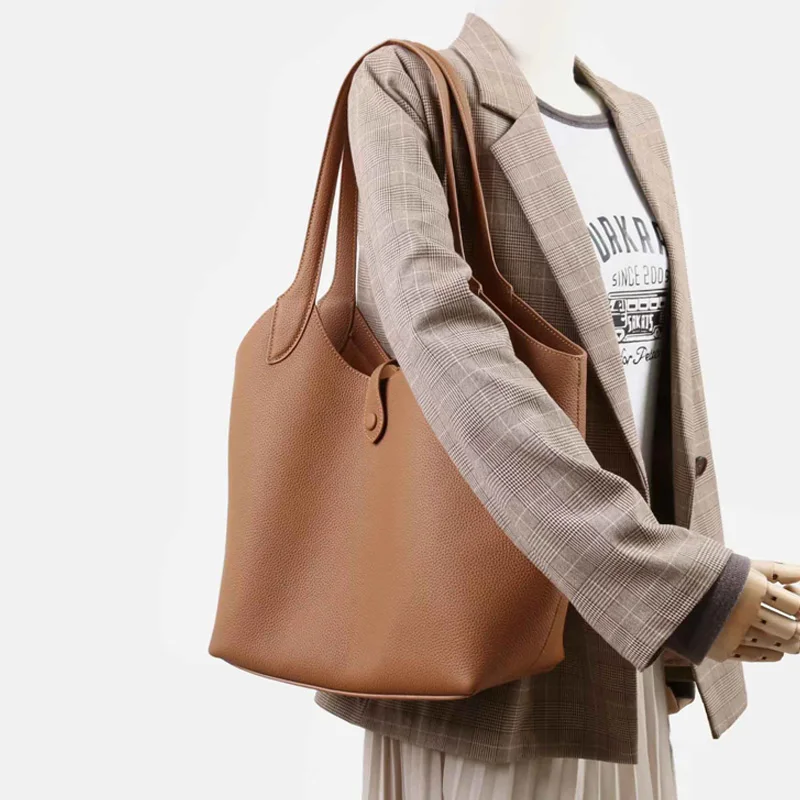 Women Large Capacity Genuine Leather Tote Bags Multi-Functional Shoulder Bag with Detachable Inner Pouch Lady Stylish Handbag