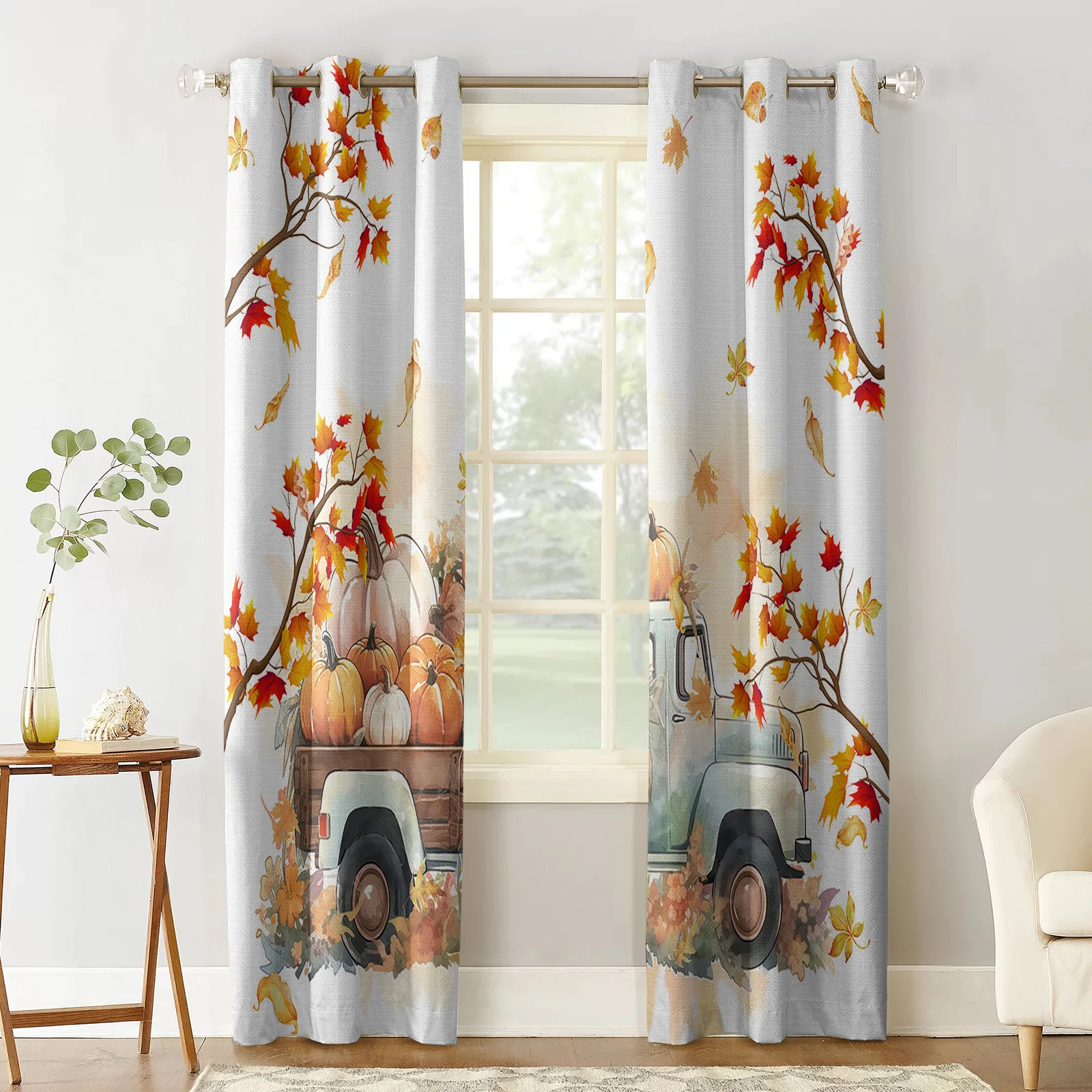 Thanksgiving Pumpkin Flower Truck Living Room Bedroom Elegant Curtains For Kitchen The Room Window Treatments Drapes