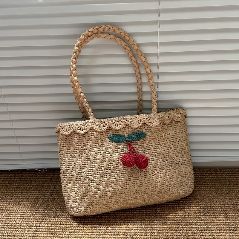 2025 Large Capacity Raffia Grass Woven Tote Straw Bag Red Ball Handle Woven Handbag Women's Summer Vacation Travel Bag