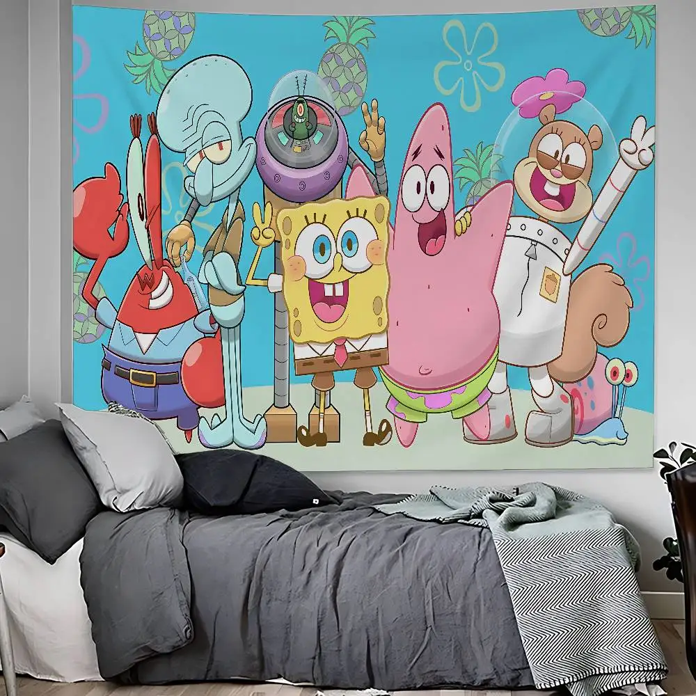 Anime S-SpongeBobes Cute Colorful Tapestry Wall Hanging Bohemian Wall Tapestries Mandala Wall Art Decor