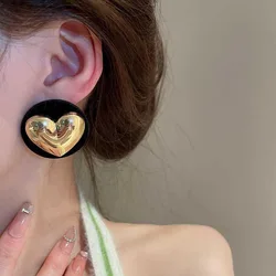 Vintage Big Heart Stud Earrings for Women Bright Smooth Metal Waterproof Fashion Gold Color Earring Charm Lovely Jewelry Gifts