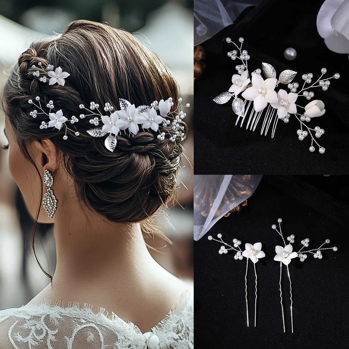 3Pcs Handmade Pearls Hair Combs Flowers Hairpins Clips Wedding Hair Accessories For Women Bride Headbands