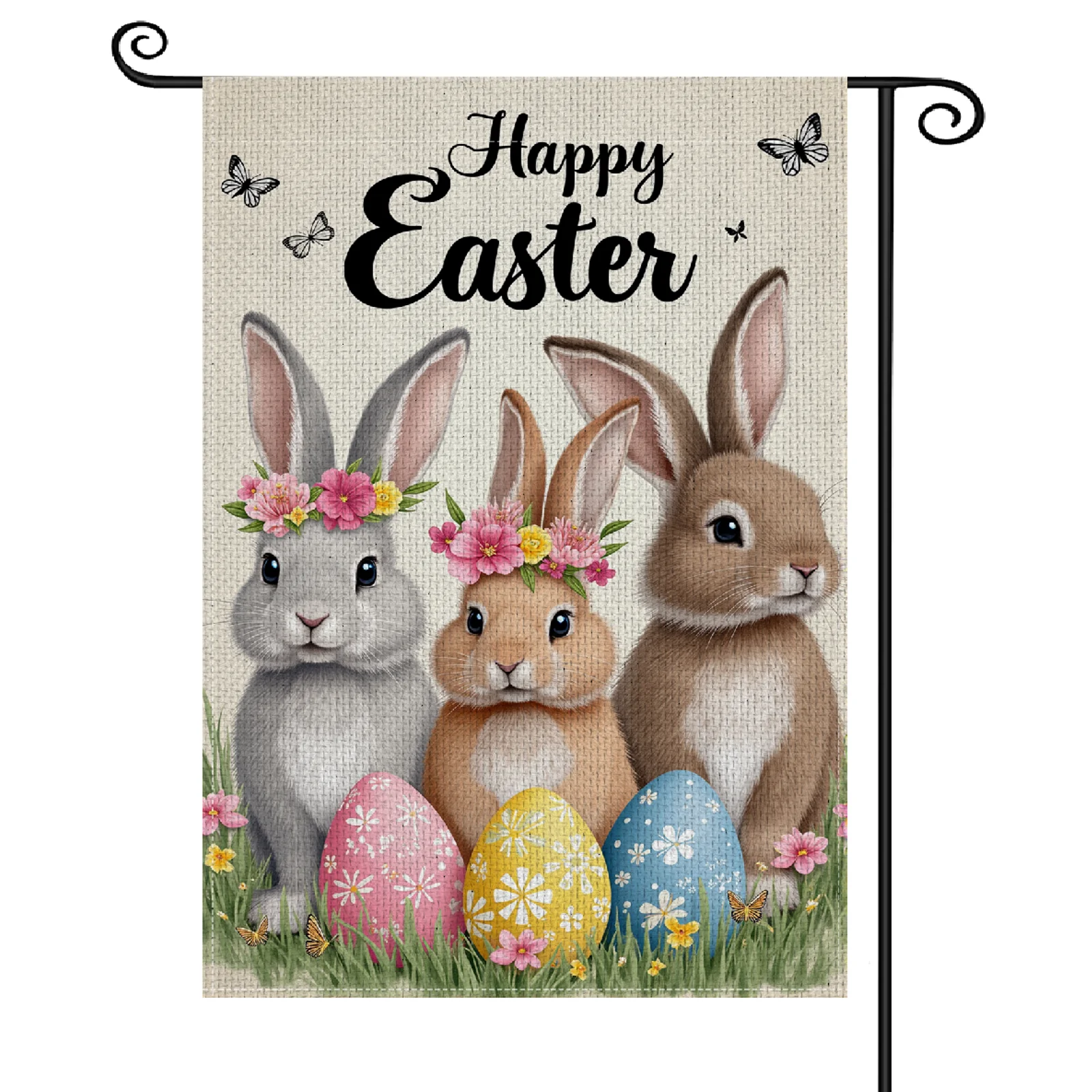 Happy Easter Garden Flag Cute Bunny Design Easter Egg Garden Banner Spring-inspired Butterfly Accent Outdoor Easter Flag for Eas