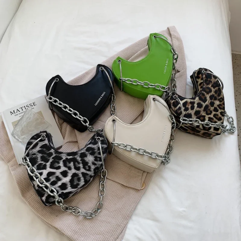 New Fashion PU Leather Solid Color Love Bag Underarm Bag Personalized Leopard Print Handbag Shoulder Bag Small Square Chain Bag