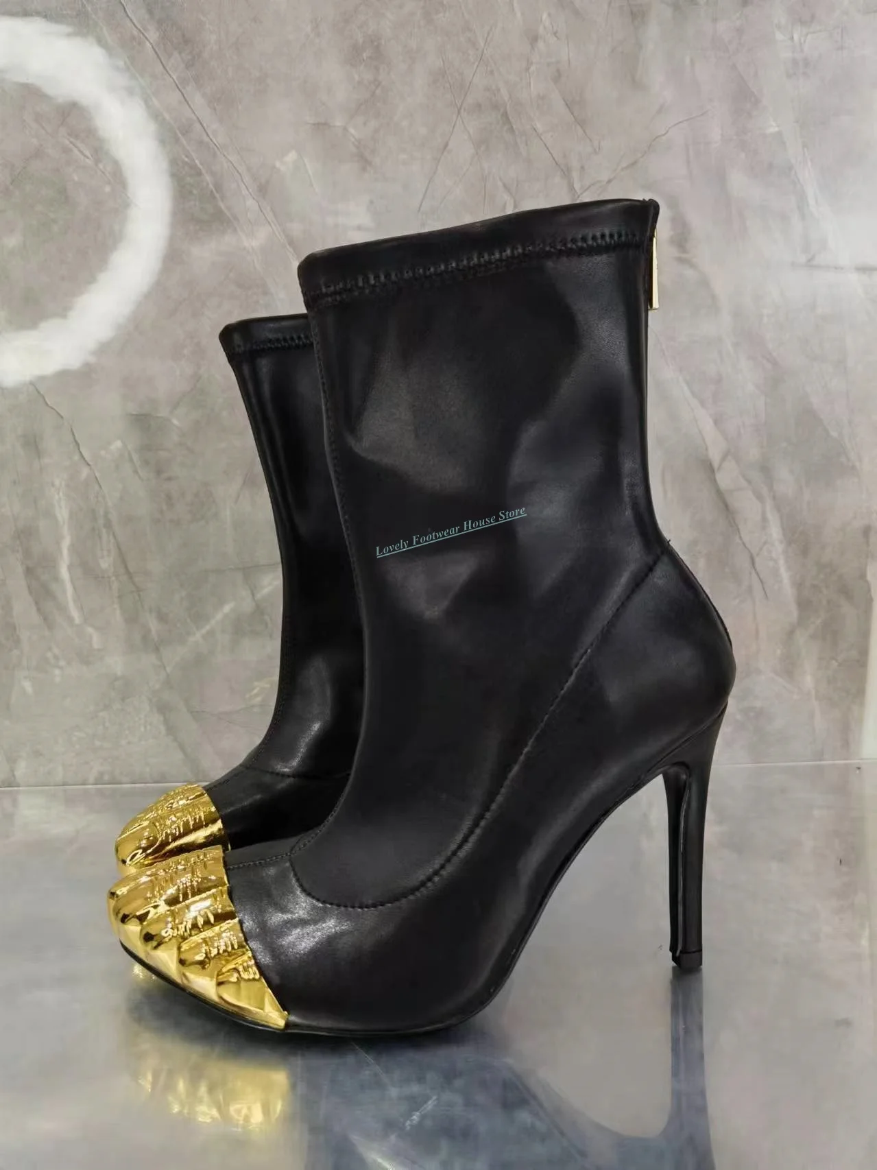 Sexy Gold Split Toe Black Leather Woman Mid-Calf Boots Stiletto High Heel Female Back Zipper Soft Leather Ankle High Top Boots