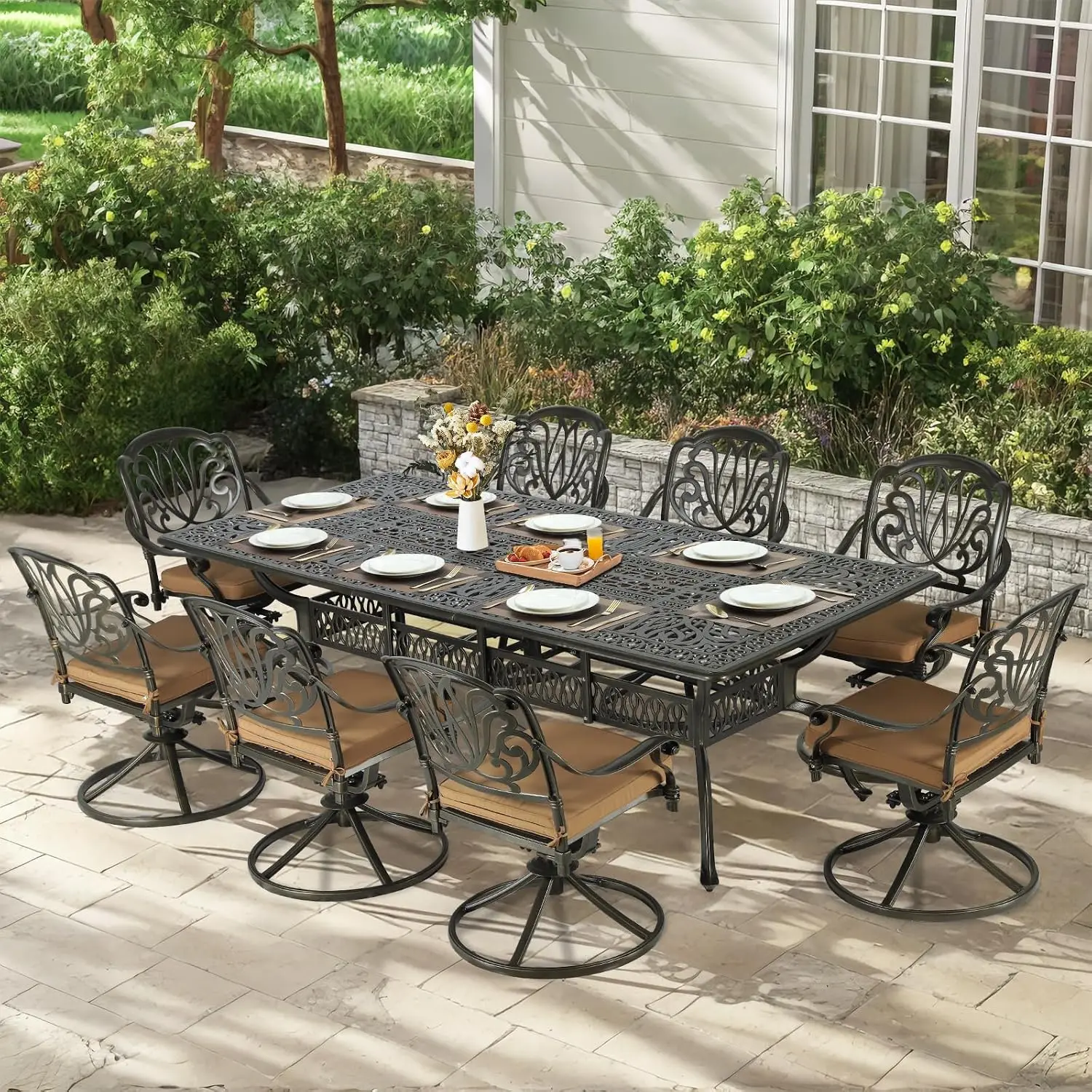Cast Aluminum Patio Dining Table, Outdoor Rectangular Table for 8 with Umbrella Hole & Adjustable Foot Pads, 94.5