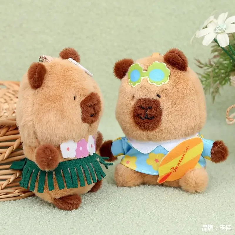 13cm Capybara Keychain Plush Stuffed Animal Toy Hawaiian Summer Swimming Ring Skateboard Accessory Gift for Kids Adults