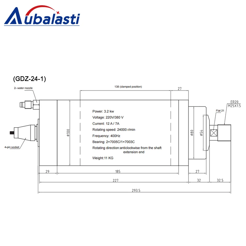 Aubalasti HQD 3.2KW CNC Water Cooled Spindle Motor ER11 ER20 220V 380V 400Hz GDZ-24-2 For CNC Engraving Milling Machine