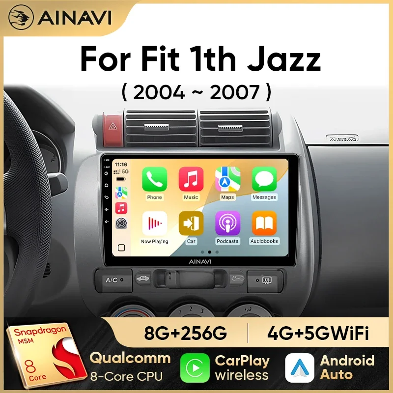 Автомобильная мультимедийная система Ainavi с беспроводным CarPlay и Android Auto для Honda Fit Jazz City 2003-2007 годов выпуска, 2 DIN, GPS, DSP.