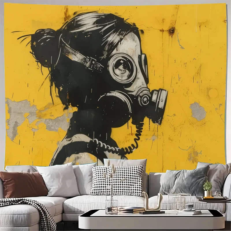 High Quality Yellow Gas Mask Portrait Grunge Wall Tapestry Industrial Street Art Poster Modern Home Decor Living Room Hanging
