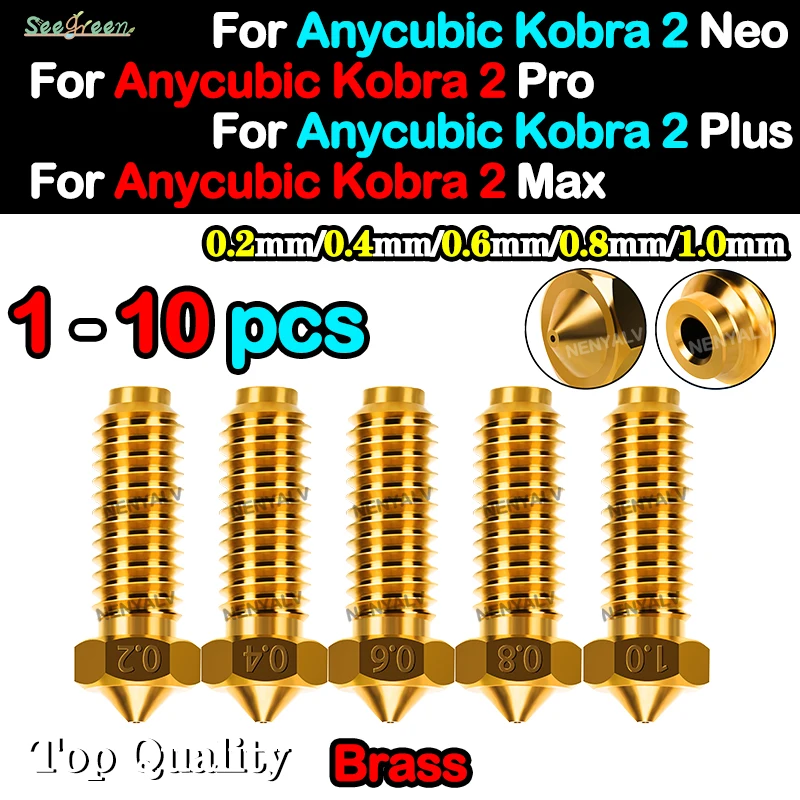 1~10pcs  For Anycubic Kobra 2 Wholesale 0.2/0.4/0.6/0.8/1.0mm Brass Nozzles For Kobra2/Kobra2 Pro/Neo Kobra2 Plus/Max 3D Printer