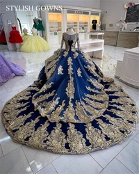 Princess Navy Blue Gold Lace Beaded Pearl Ball Gown Quinceanera Dresses Celebrity Party Prom Gowns Graduation Vestido Customized