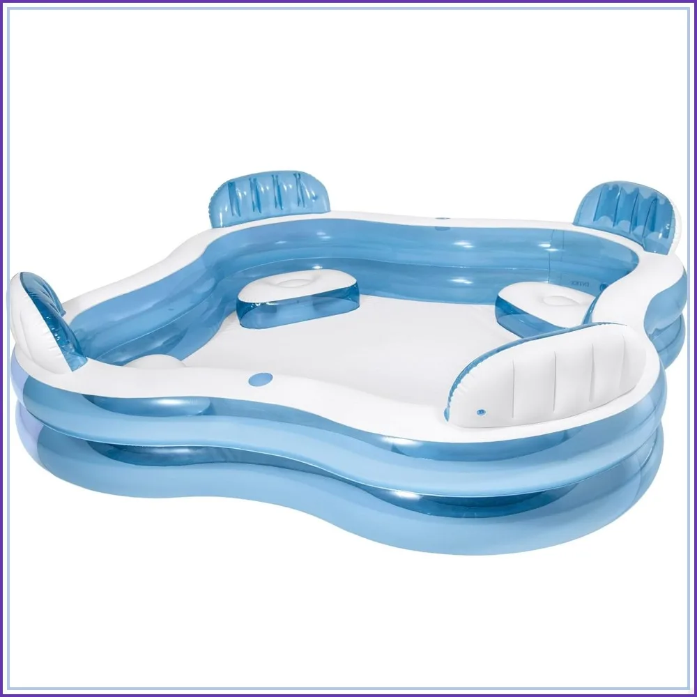 

Family Inflatable Pool 90x90x26 inch with Built-in Seats & Cup Holders for Summer Fun