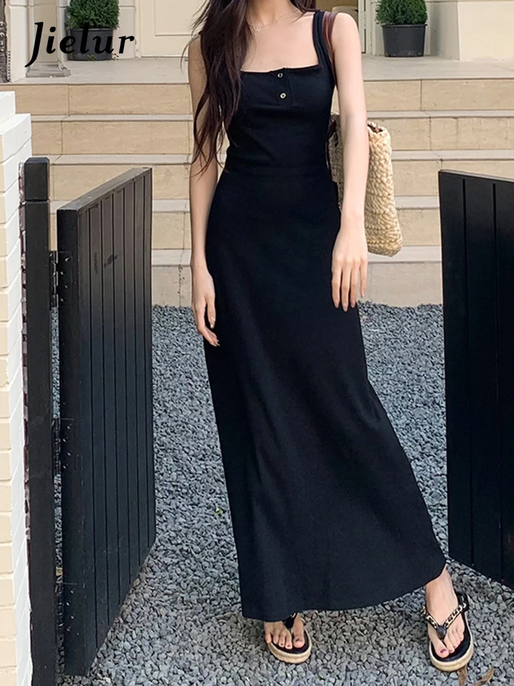 Jielur Summer New Solid Color Women's Dress Slim Sexy Sweet Chic Dress Woman Black Dark Grey High Waist Sleeveless Dress Female