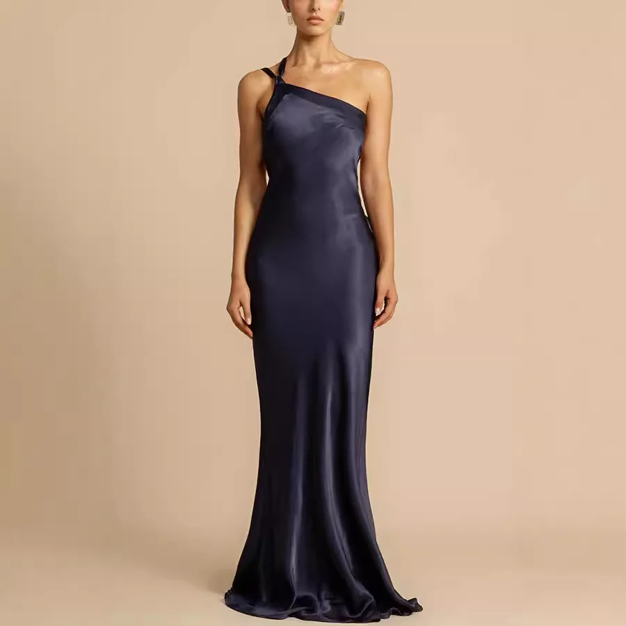 Temperament Spring/Summer New Party Slant Shoulder Slimming Long Dress, Casual Fashion Color Ding Dress