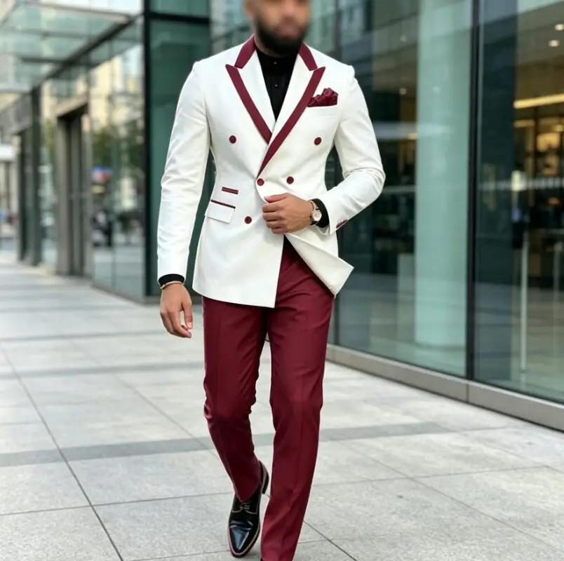 New Design White Double Breasted Men Suits Peaked Lapel Tuxedo Slim Fit Male Costume Pour Homme Groom Two Pieces Prom Sets 2026