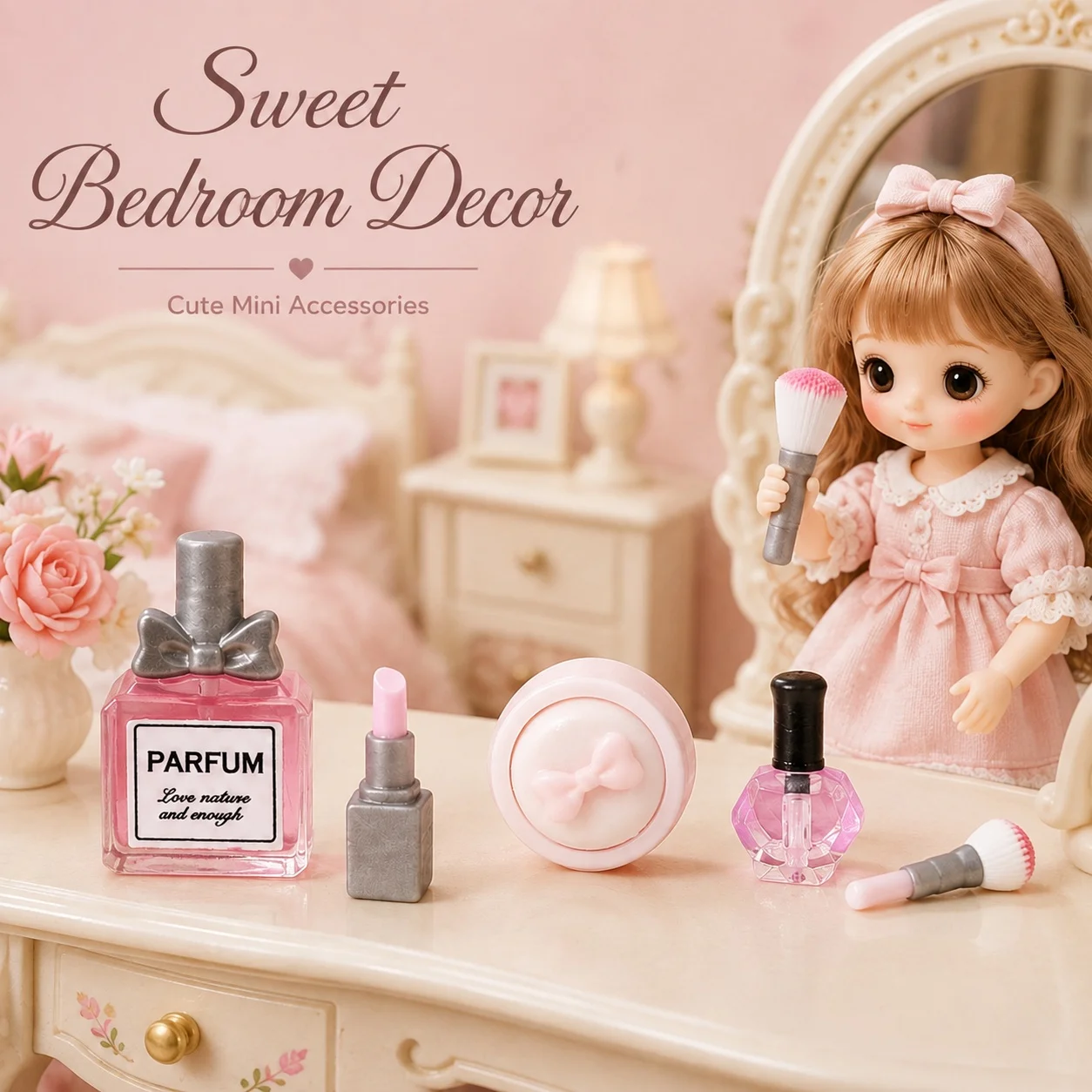 5 Pieces/Set of Dollhouse Mini Makeup Set: 1/12 Mini Lipstick Perfume Puff Nail Polish Makeup Brush Model OB11 Accessories