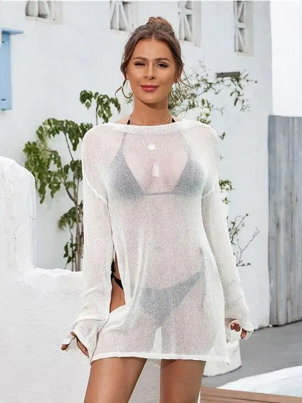

Beach Vacation Bikini Swimsuit Cover up Women's Loose Thin Outerwear Long Sleeve One Shoulder UV Protection mid Length Coat