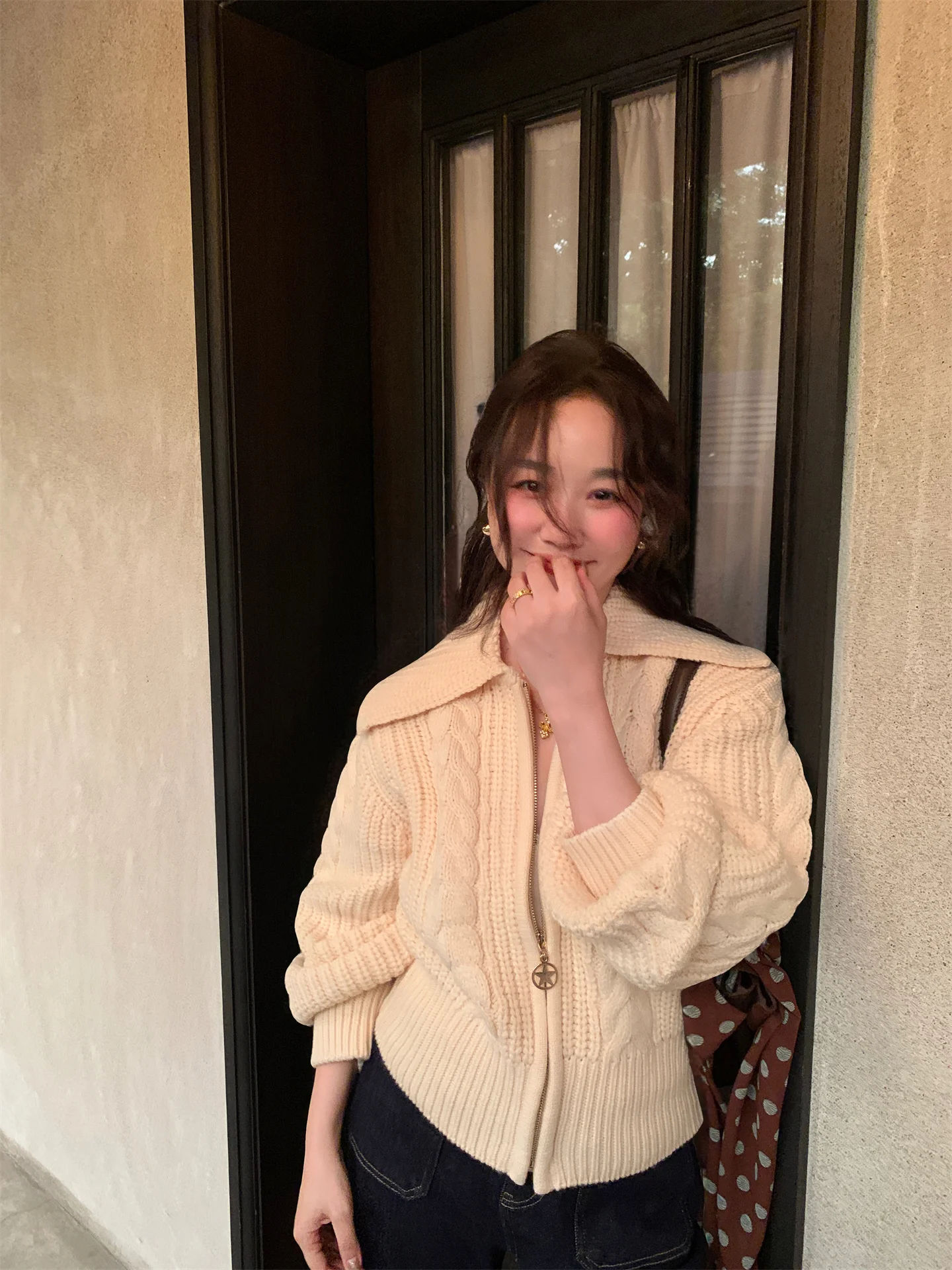 

Женский вязаный кардиган с большим воротником, узором «косы» и цветочным дизайном, повседневный, тонкий, осенний, модный, для ранней осени