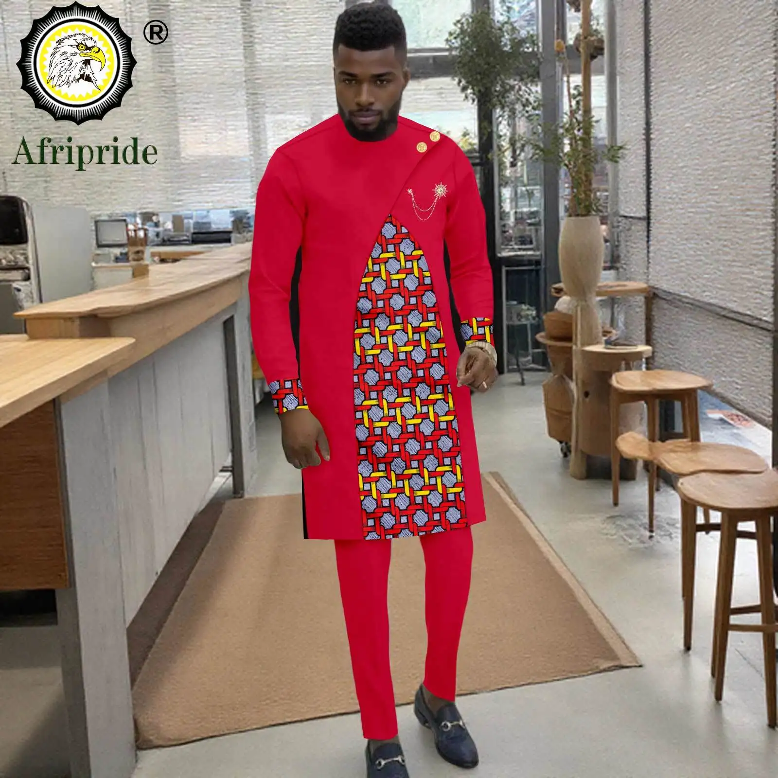 African Clothes for Men Two Buttons Embroidery Brooch Print Shirts and Pants 2 Piece Set Dashiki Outfits for Wedding 2516052