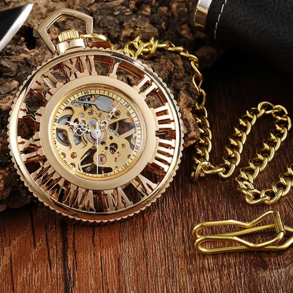 Reloj de bolsillo mecánico Vintage con esqueleto hueco, con números romanos reloj de bolsillo, estilo steampunk, Fob