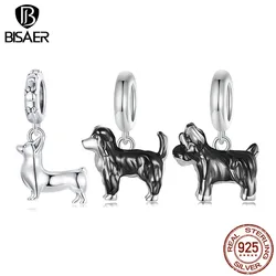 BISAER 925 Sterling Silver Schnauzer Pendant Border Collie Corgi Cute Pet Dog Charms Beads for Women DIY Bracelets Fine Jewelry