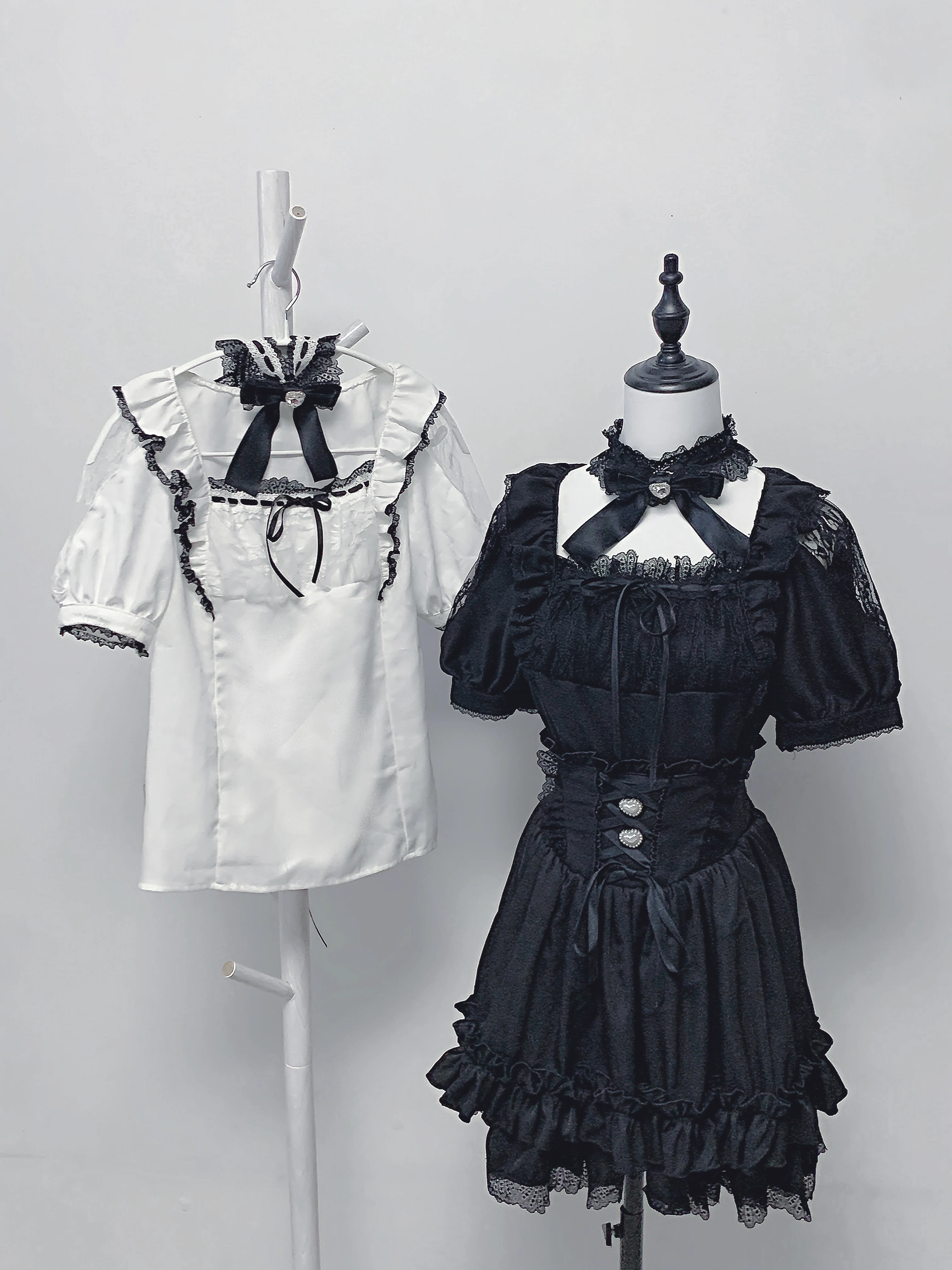 Original Japanese Mines Style Subculture Lace Square Neck Bow Short Sleeve Shirts High Waist Lace-up Skirts Two-Piece Set Women