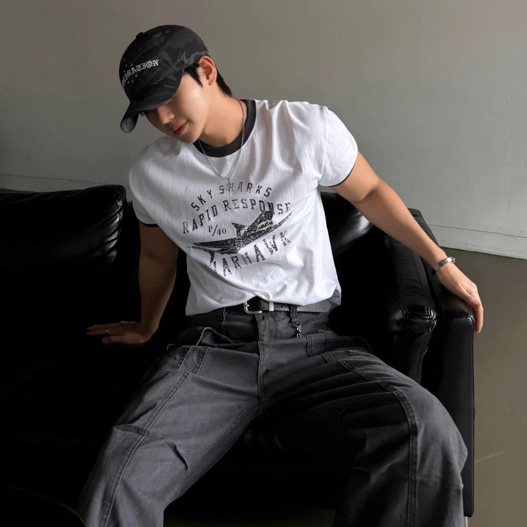 Man T-shirt 2026 Summer New Men Vintage Washed Contrast Color Short Sleeve T Shirt Loose Casual Printed Tee Daily Commute Tops