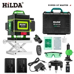 Nível Laser Horizontal e Vertical, Linha Verde, Auto-Nivelamento, Super Poderoso, Feixe Verde, 16 Linhas, 4D, 360