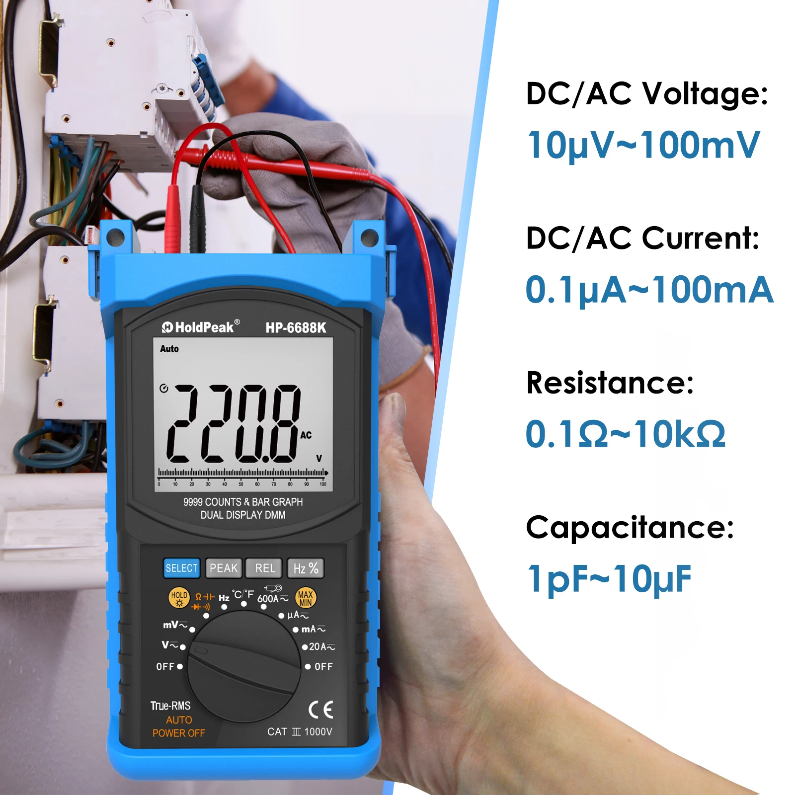 True RMS Digital Multimeter 9999 Counts Auto Range Handheld AC DC Voltage Current Resistance Capacitance Temperature Tester