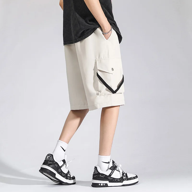 New 2024 Summer Men's Loose Cargo Shorts Casual Drawstring Knee-Length Pants Streetwear Solid Color Short Trouser Outdoor Jogger