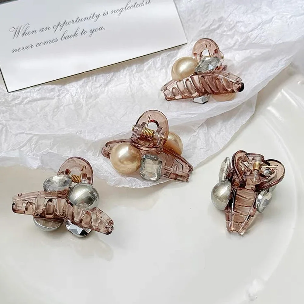 Luxury Rhinestone Pearl Hair Claws Mini Size Cross Shark Clip Women Girl Non Slip Plastic Side Barrettes Sweet Hair Accessories - 6
