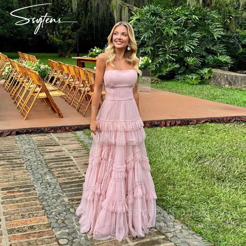 

SSYTENS Light Pink Evening Dresses Fluffy A-line Tulle Prom Dresses Tiered Strapless Party Gowns Customized vestidos de noche