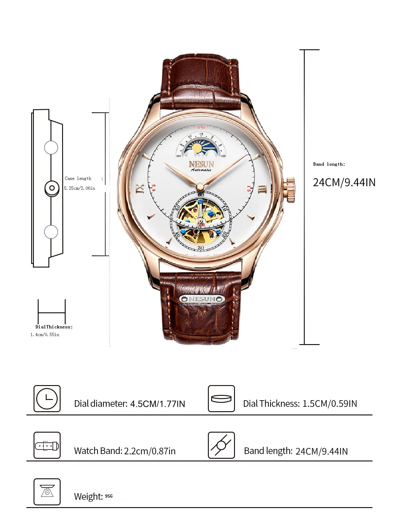 ساعة NESUN للرجال: ساعة ميكانيكية أوتوماتيكية بالكامل للرجال مع دولاب الموازنة الهياكلية وساعة رجالية كاجوال مضيئة