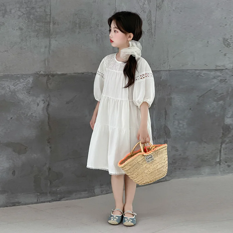 Girls Puff Sleeve Dress Children Short Sleeve Lace Princess Dress Kids White Dress 2025 Summer New