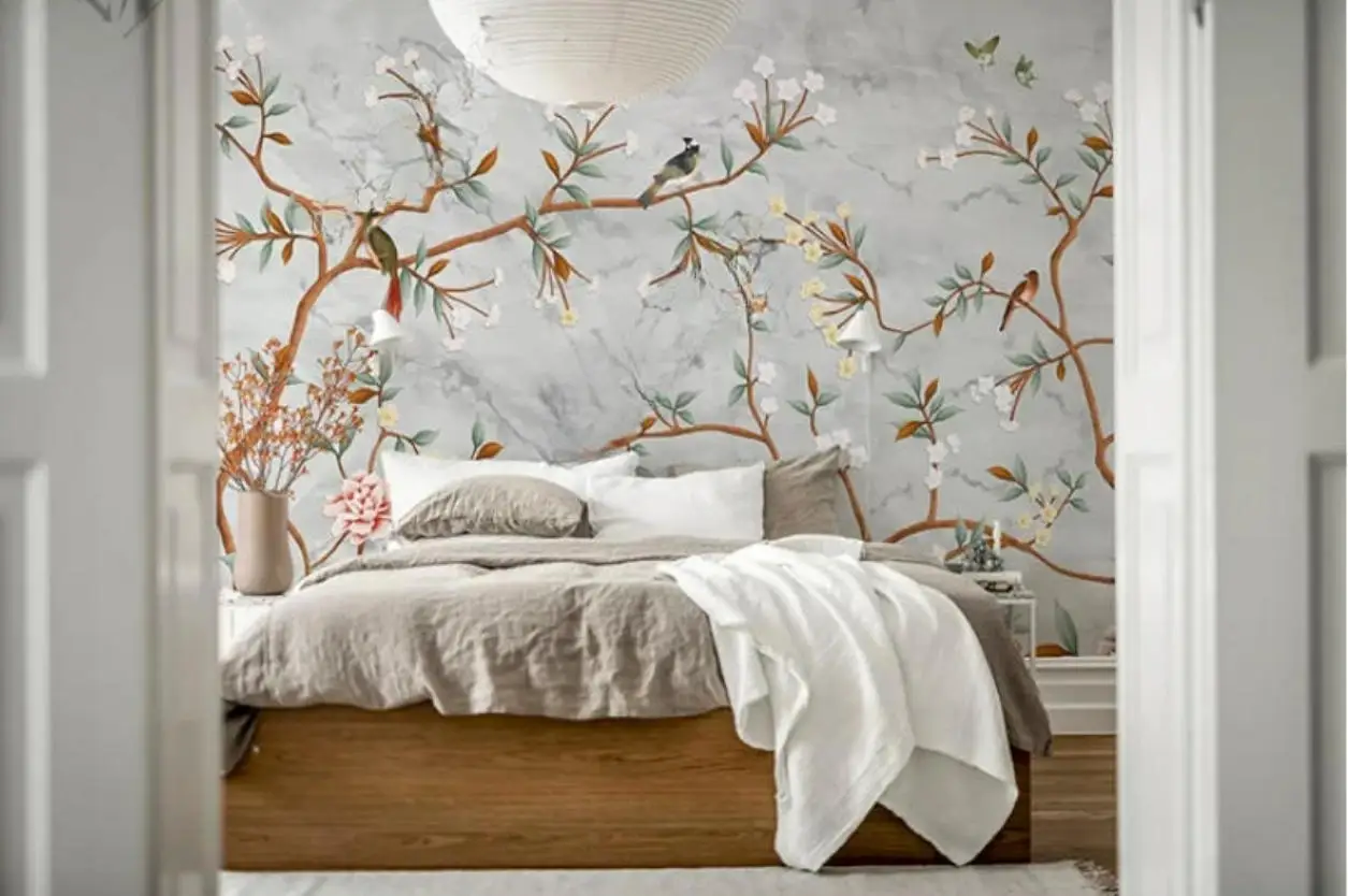 

Customized mural French hand-painted flower and bird living room TV background wall paper floral high-end artistic wallpaper