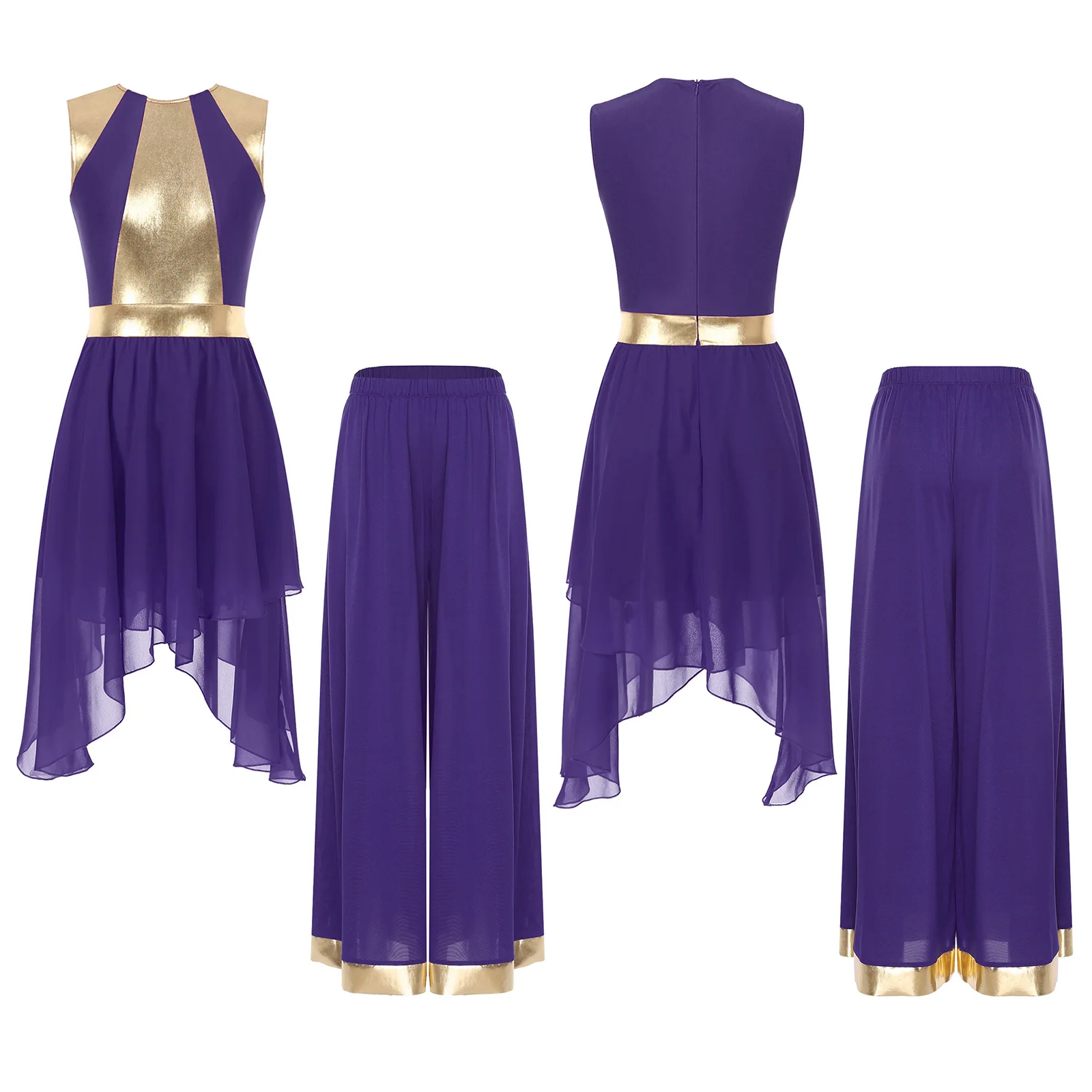 إمرأة لامع لامع المرقعة الغنائية الرقص الزي بلا أكمام فستان غير منتظم بنطال ذو قصة أرجل واسعة العبادة للرقص الحديث