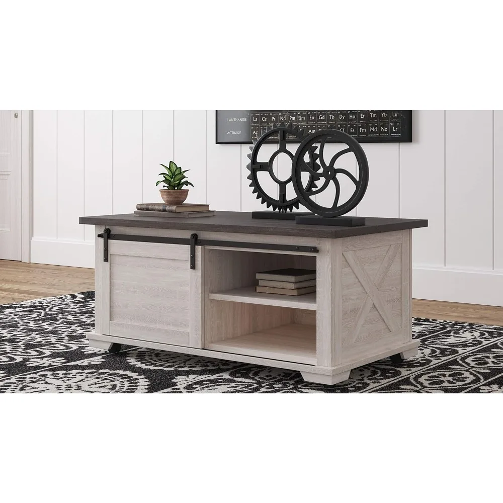 Farmhouse Coffee Table with Sliding Barn Doors, Antique White & Brown